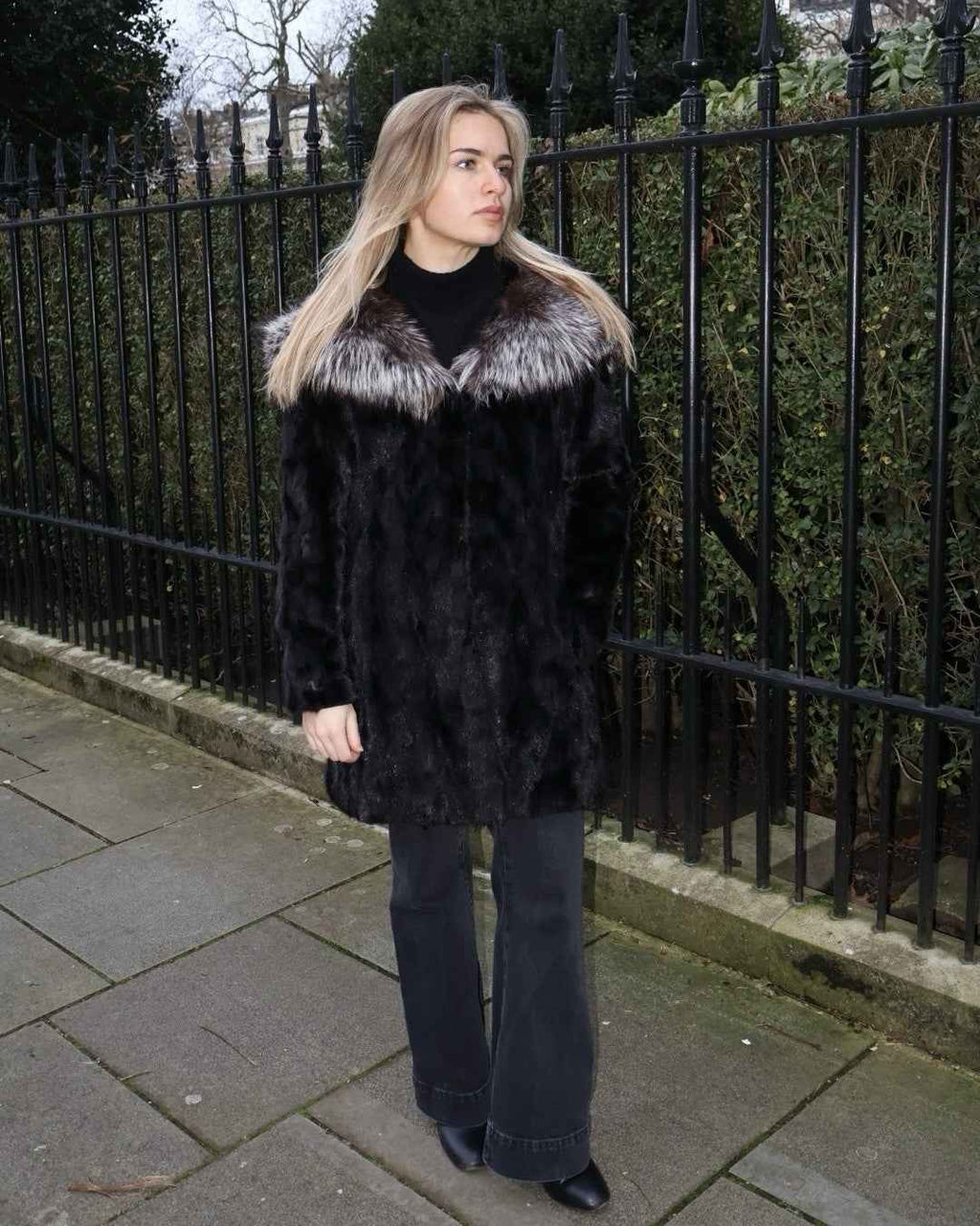 BEAUTIFUL Vintage Silver Fox And Mink Fur Coat Real Fur Hooded