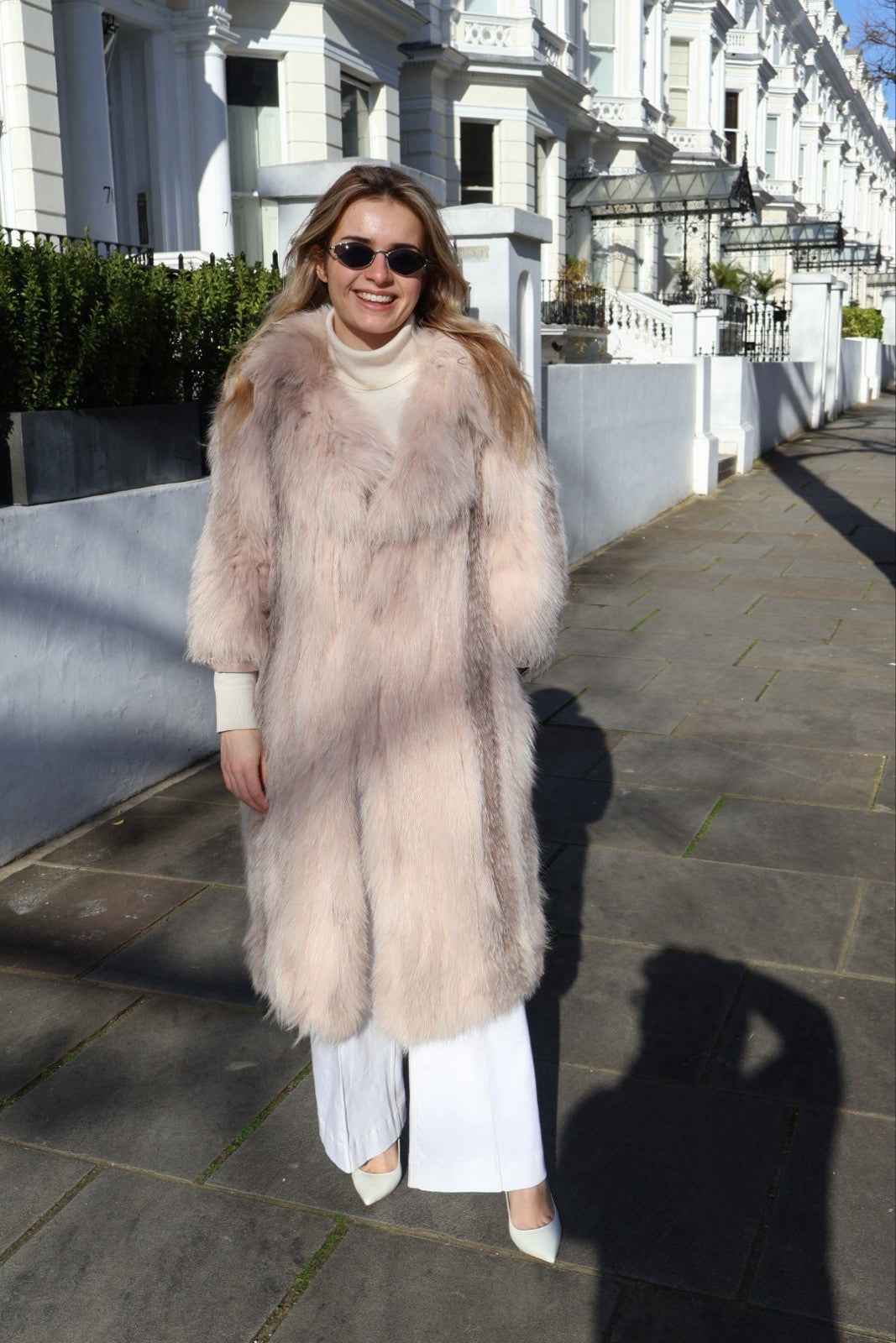 Preowned Knitted Long Pink Fox Fur Coat Real Fur Soft Fluffy  XS