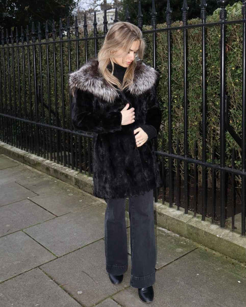 BEAUTIFUL Vintage Silver Fox And Mink Fur Coat Real Fur Hooded