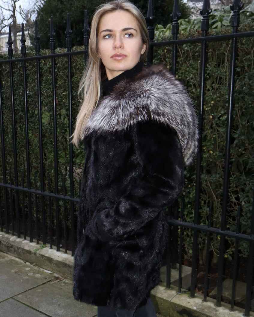 BEAUTIFUL Vintage Silver Fox And Mink Fur Coat Real Fur Hooded